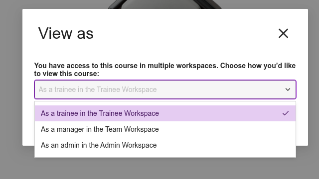 The decision modal shown when clicking a learning path's title, letting the user choose which role to view the Learning Path as