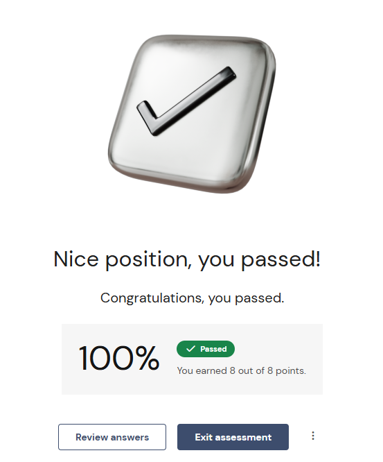 Example of an exam completion message displaying a renamed label's text instead of the original generic word