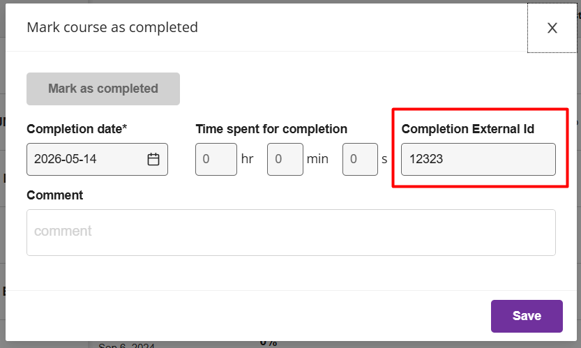 The Completion External ID field in the Team Dashboard completion editor