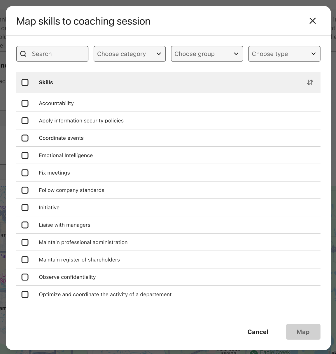 Map jobs / Map skills section on the create session page