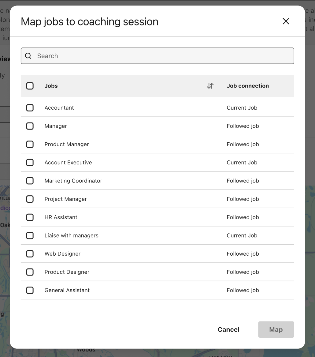 Map jobs / Map skills section on the create session page