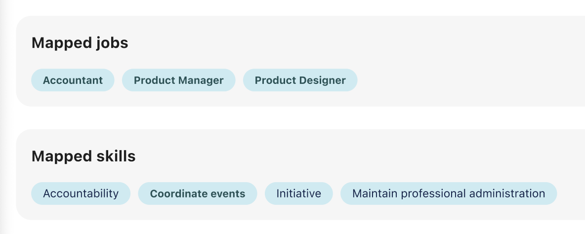The Session Details view’s Mapped jobs and Mapped skills sections for a learner’s coaching session