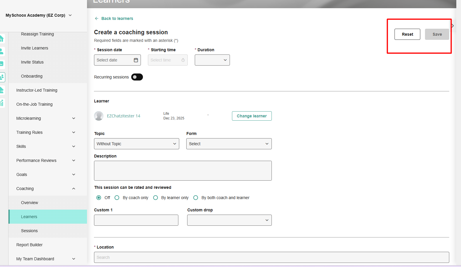 The relocated Save and Reset buttons at the bottom of the coaching session create/edit page