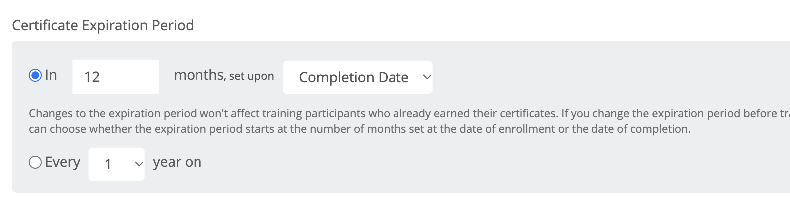Generic Certificate Expiration Period settings panel