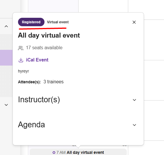 Example of the Registered status tag on an event card