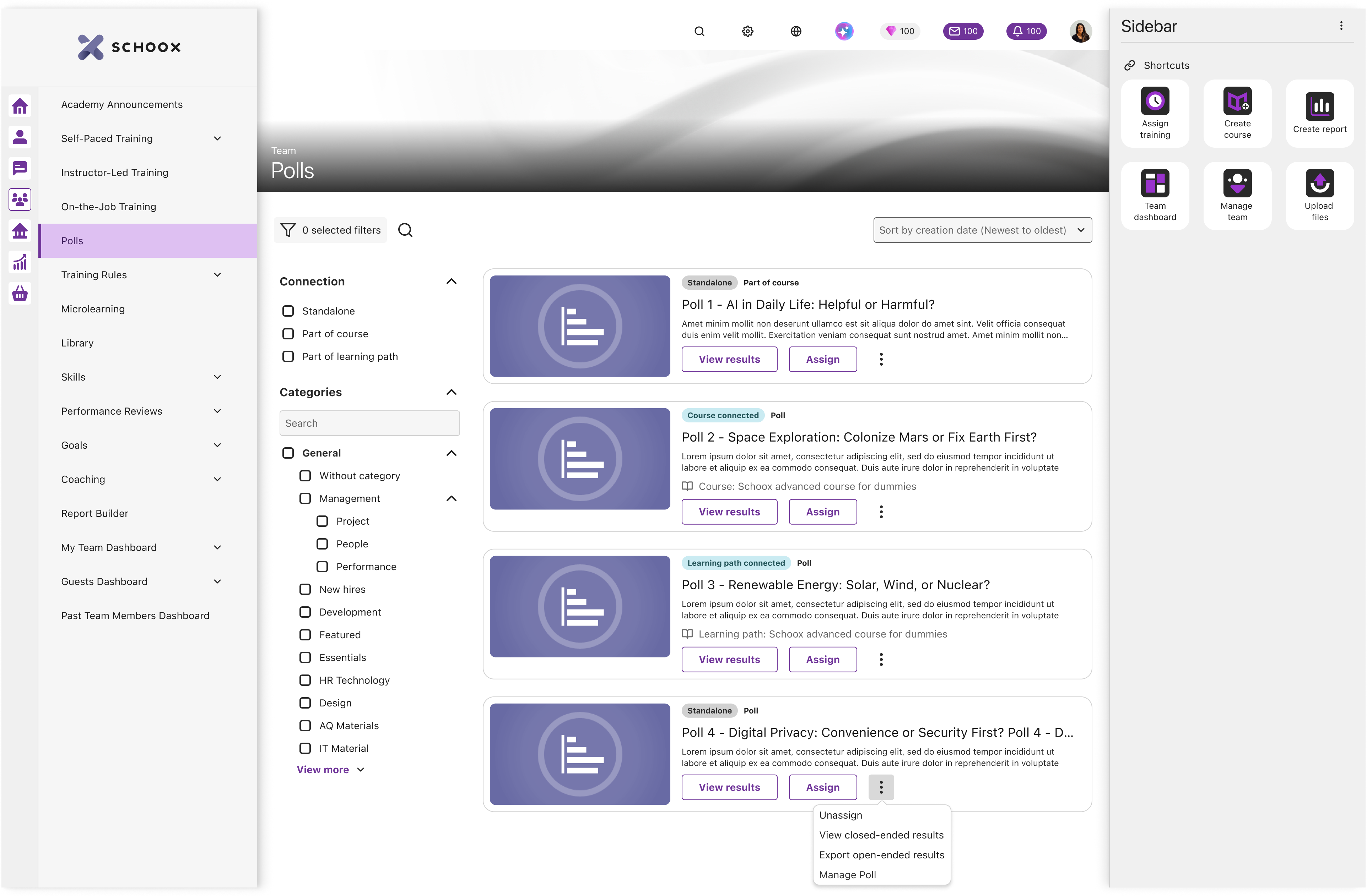 The Team Workspace Polls page with filters, sorting and poll cards