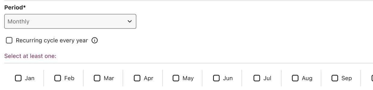 The Create Profile page cycle section: Period set to Monthly, an unchecked Recurring cycle every year checkbox with an information icon beside it, and the period grid below.