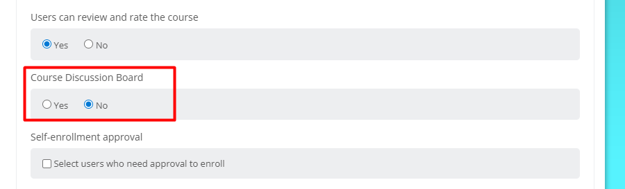A screenshot of the new course-level 'Discussion board' Yes/No setting described in this Story's Acceptance Criteria